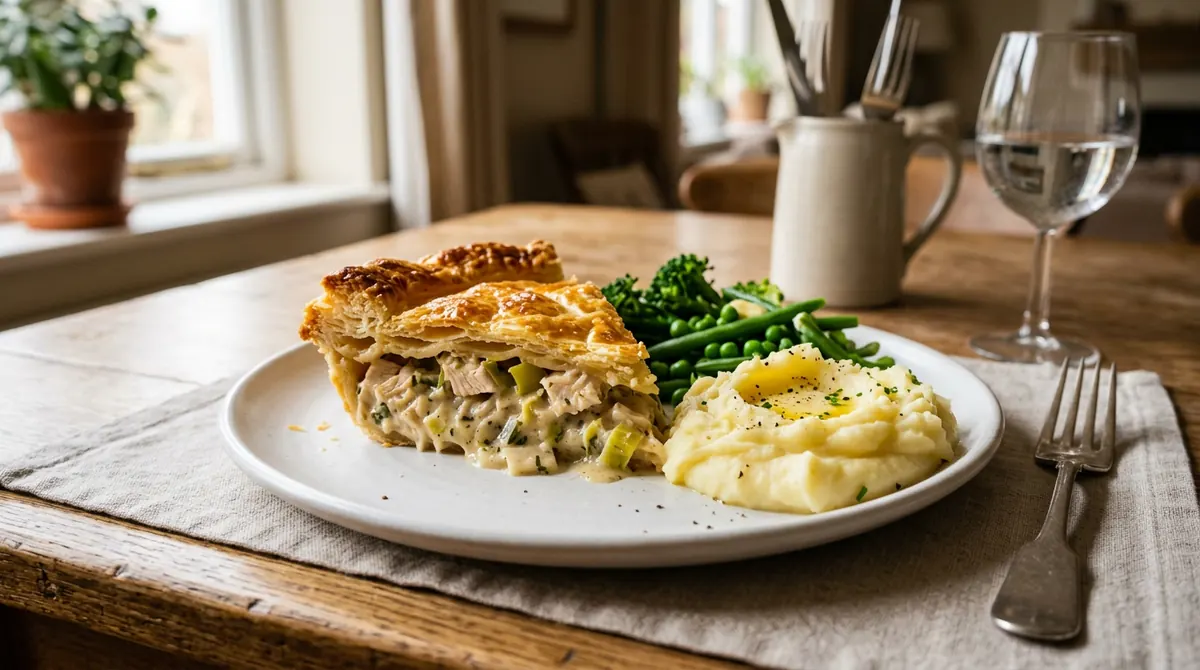 Slice of creamy chicken and leek pie served with mashed potatoes and greens