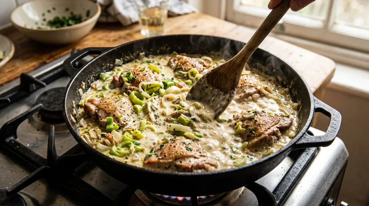 Creamy chicken and leek filling mid-cook in pan with wooden spoon
