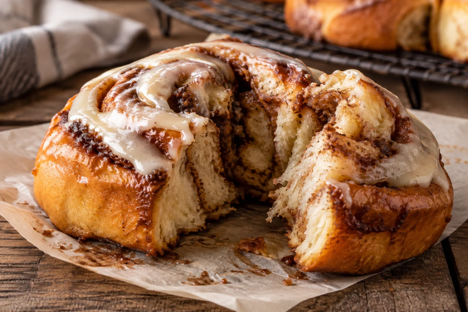 Soft layered interior of a freshly baked cinnamon roll