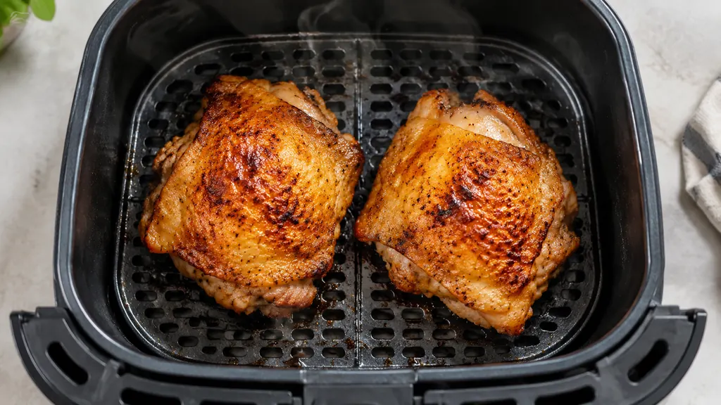 crispy golden chicken thighs in air fryer basket with caramelised skin