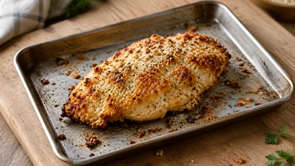 Baked mayo chicken breast with a golden parmesan crust