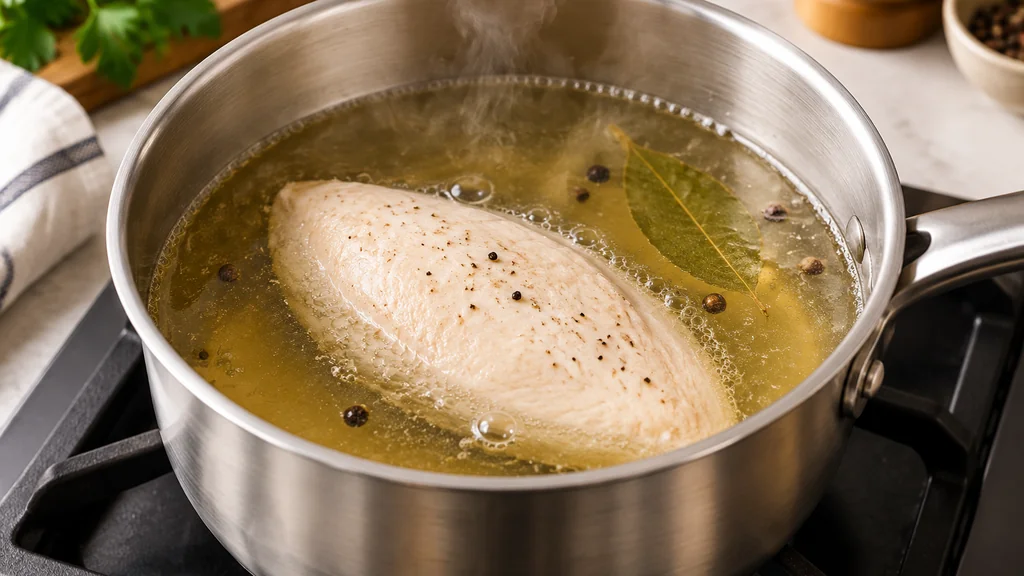 chicken breast poaching in golden broth with bay leaf and peppercorns in a saucepan