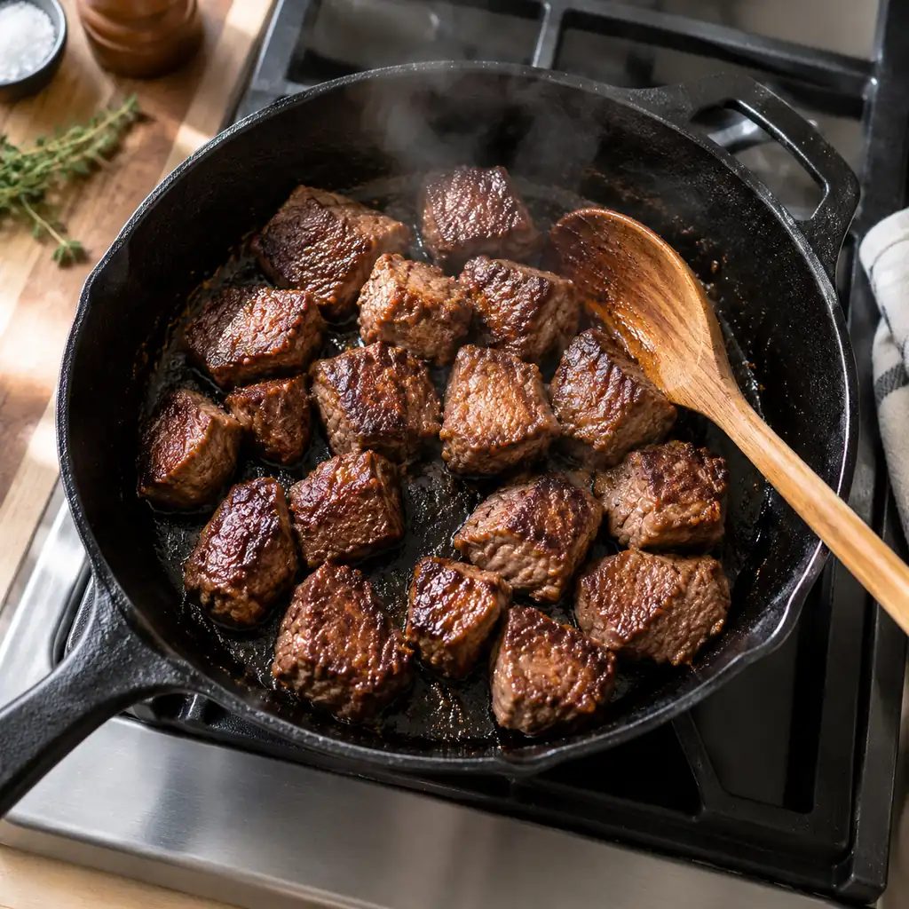 Beef chunks browning in batches in a hot cast-iron skillet