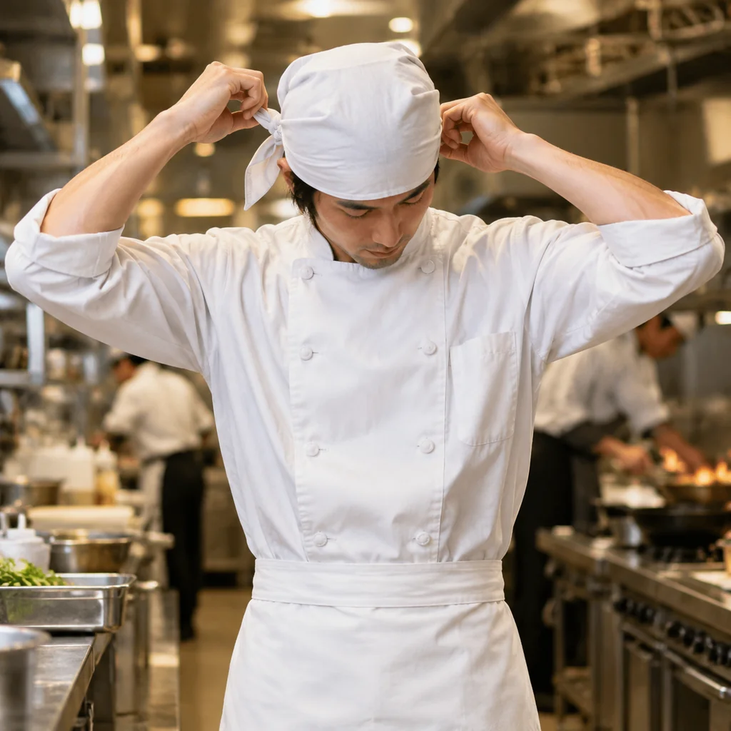 Chef in a white double-breasted coat and apron tying a kitchen cap before service