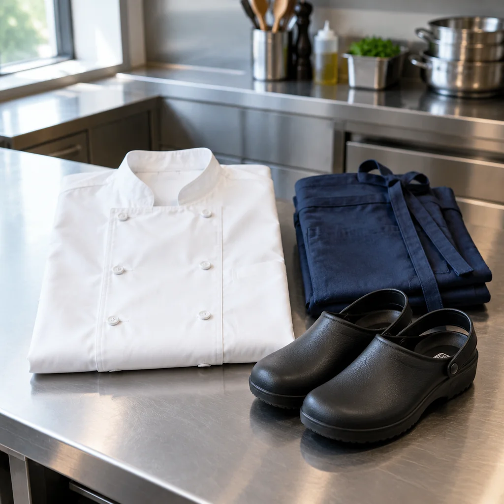 Folded white chef coat, navy apron and black non-slip clogs on a steel counter
