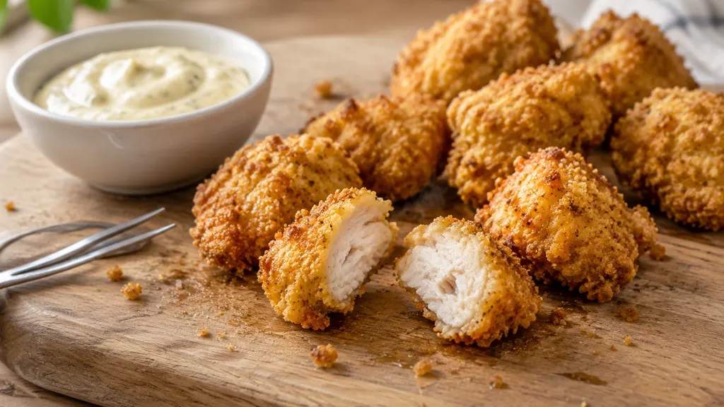 Crispy chicken bites with garlic mayo dip close-up shot