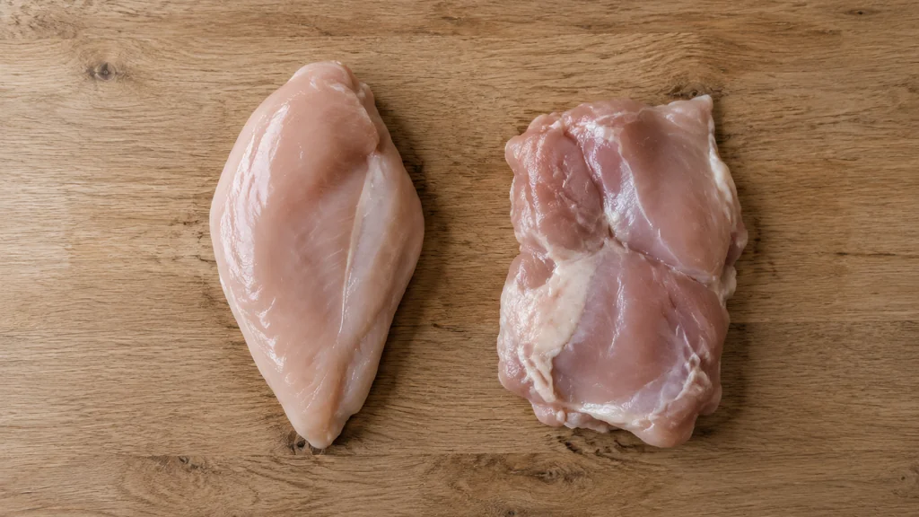 Raw skinless chicken breast and thigh fillets side by side for comparison