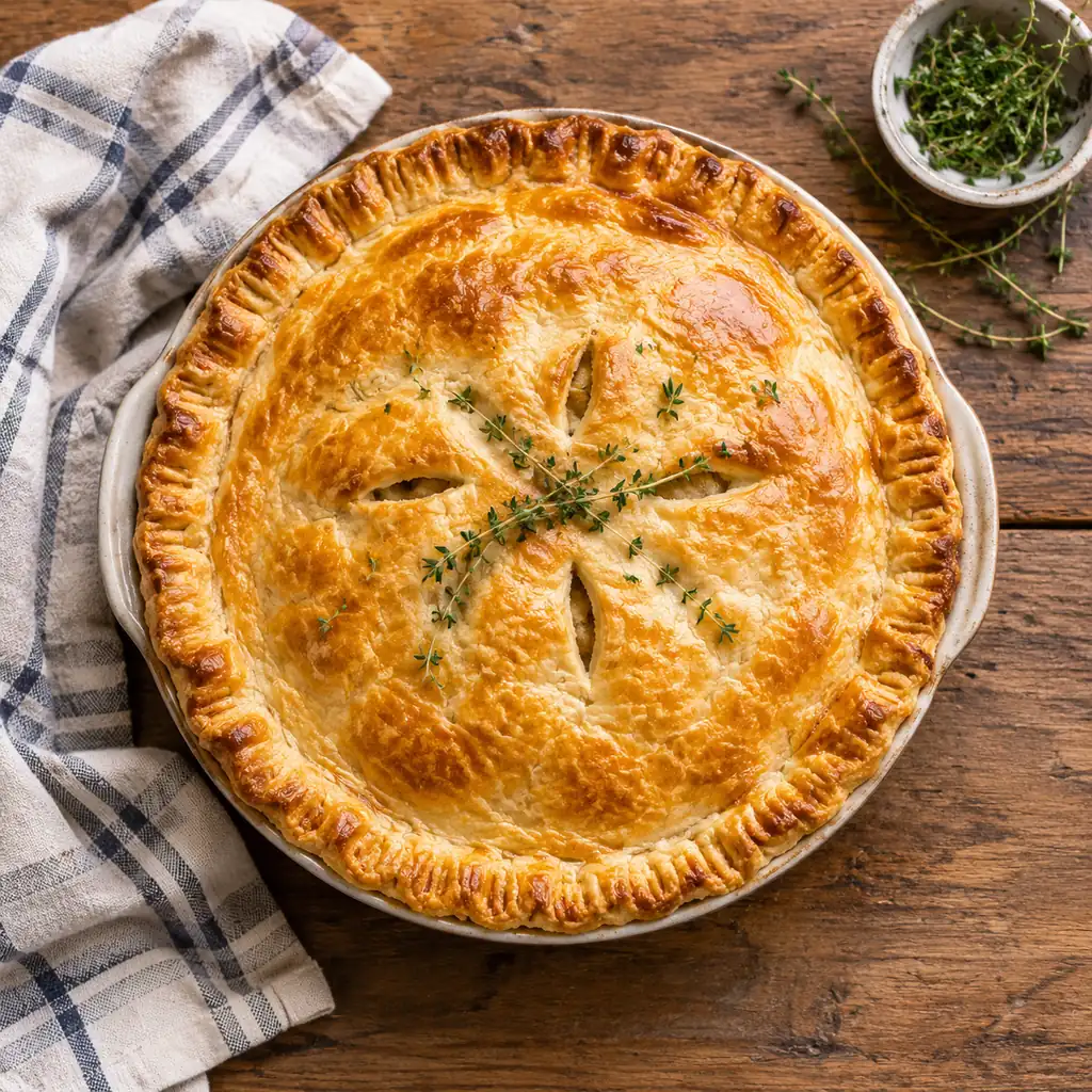 Whole baked chicken and mushroom pie with golden puff pastry lid