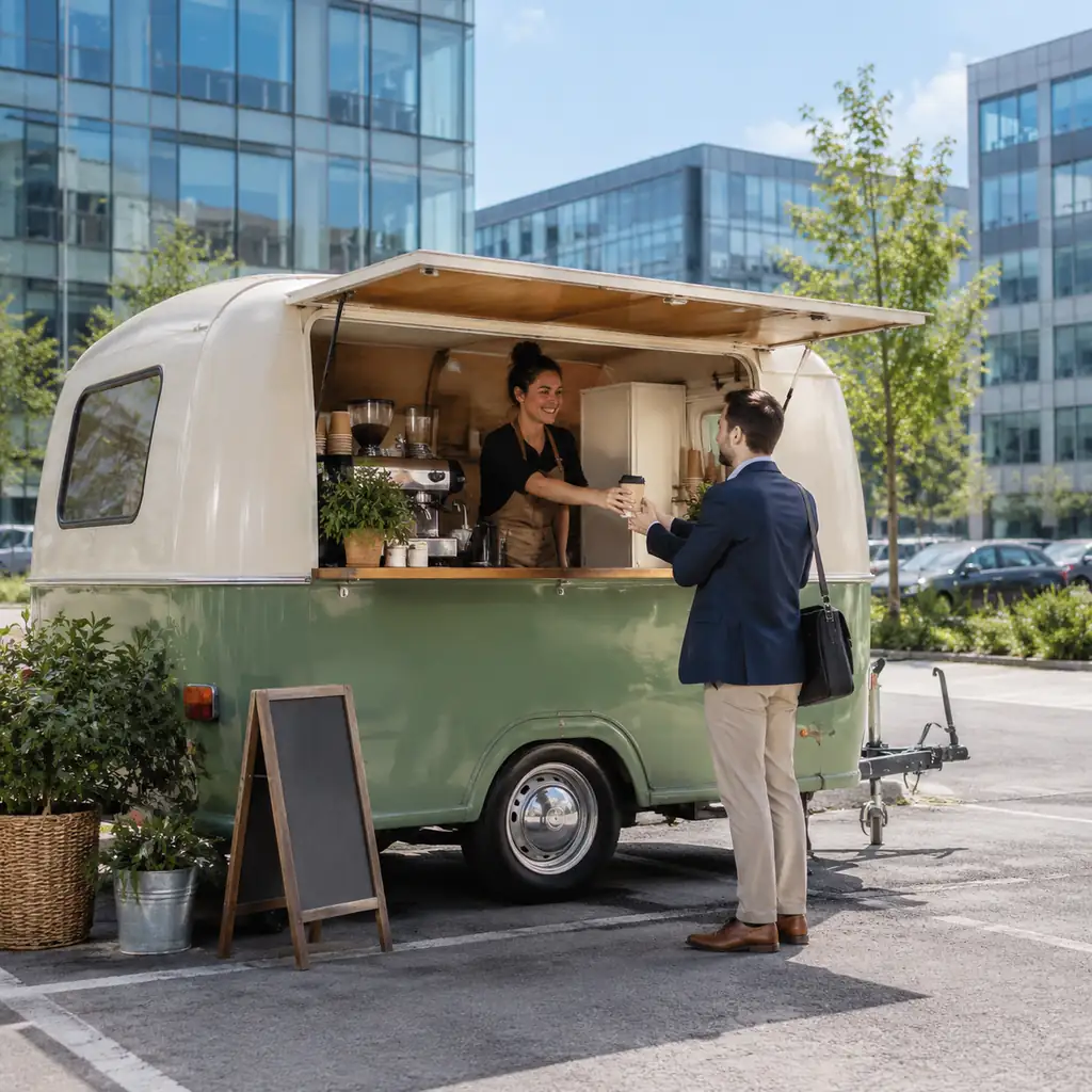 A mobile coffee trailer serving a customer in a business park car park at lunchtime