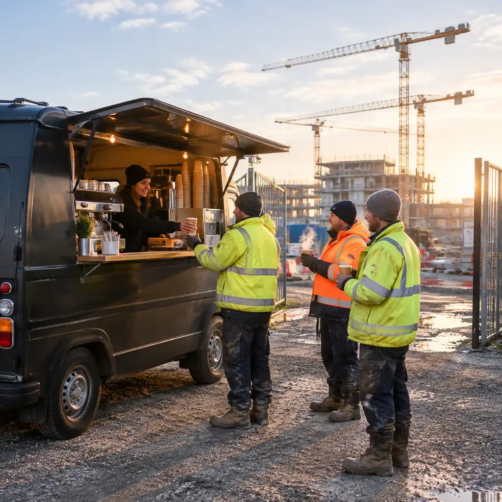 Coffee van serving hot drinks to workers in hi-vis jackets at a building site