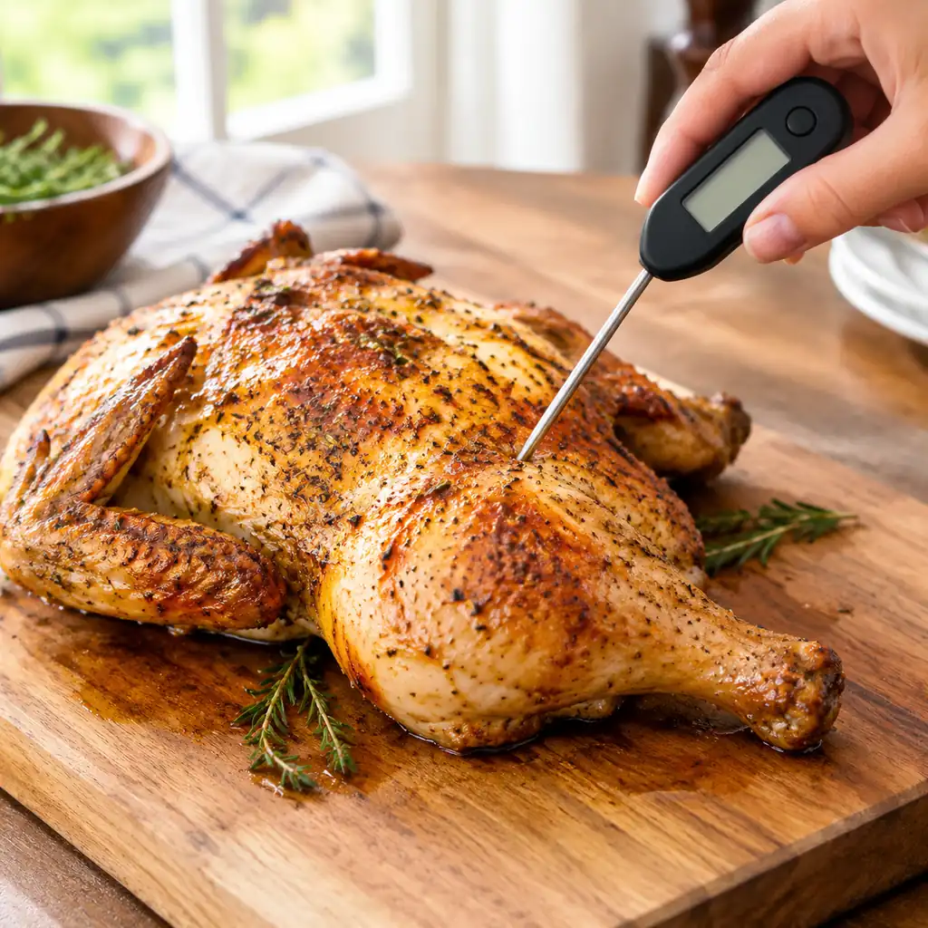 Digital probe thermometer pushed into a roasted chicken on a wooden board