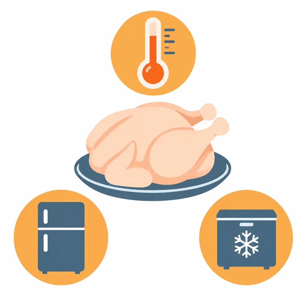 Infographic with thermometer, fridge and freezer icons around a raw chicken