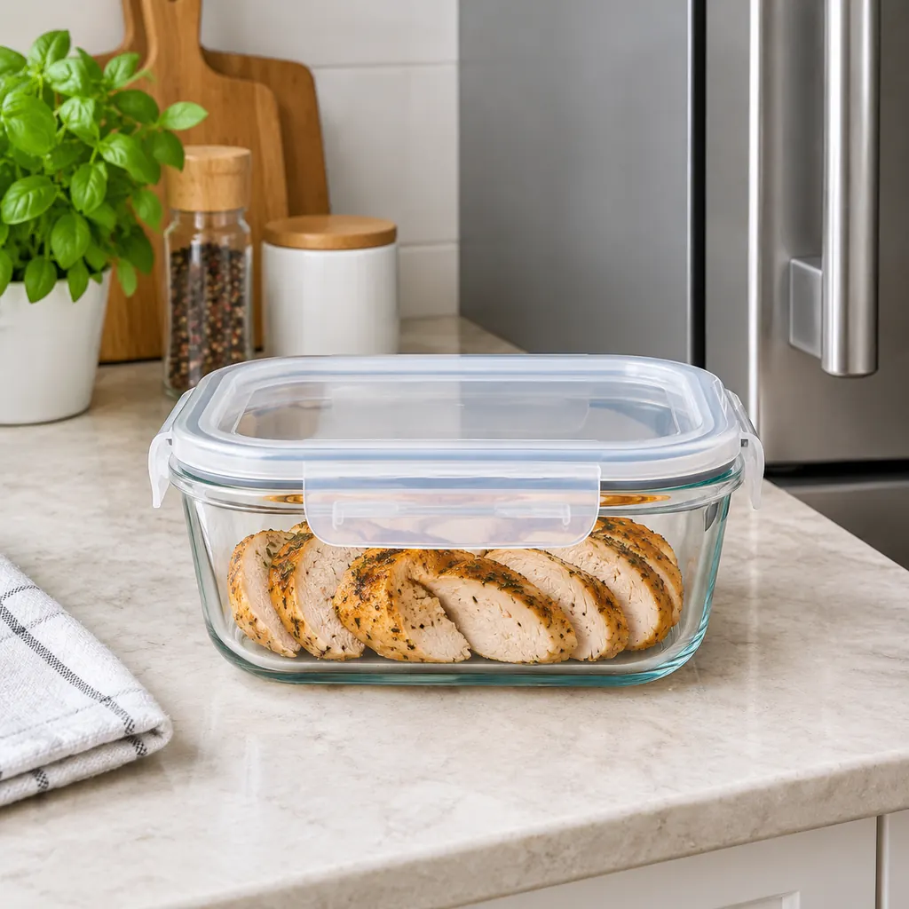 Sliced cooked chicken in a shallow lidded container ready for the fridge