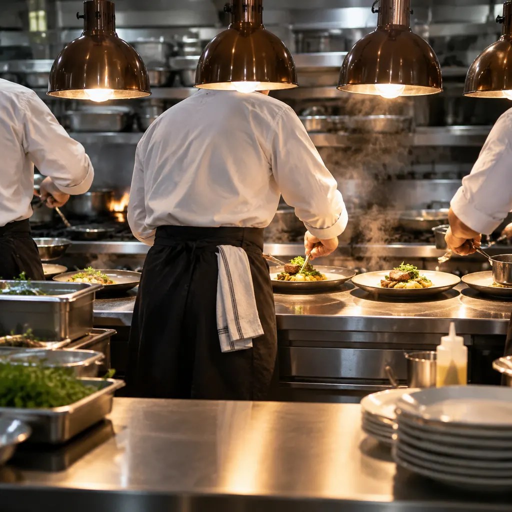 Chefs plating dishes under heat lamps in a busy restaurant kitchen