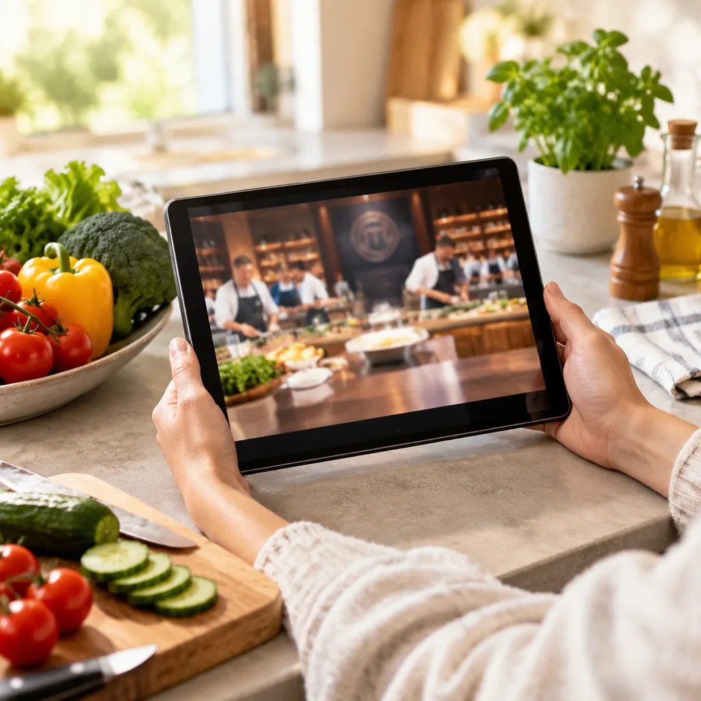 Tablet showing a cooking competition on a kitchen counter next to fresh vegetables