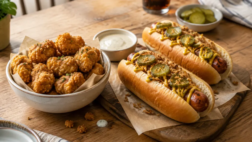 Crispy chicken bites and hot dogs game night party food spread