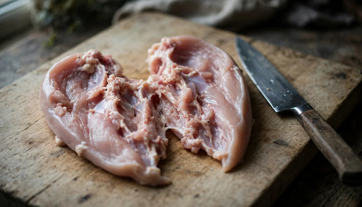 raw butterflied chicken breast opened flat on a wooden board next to a chef's knife