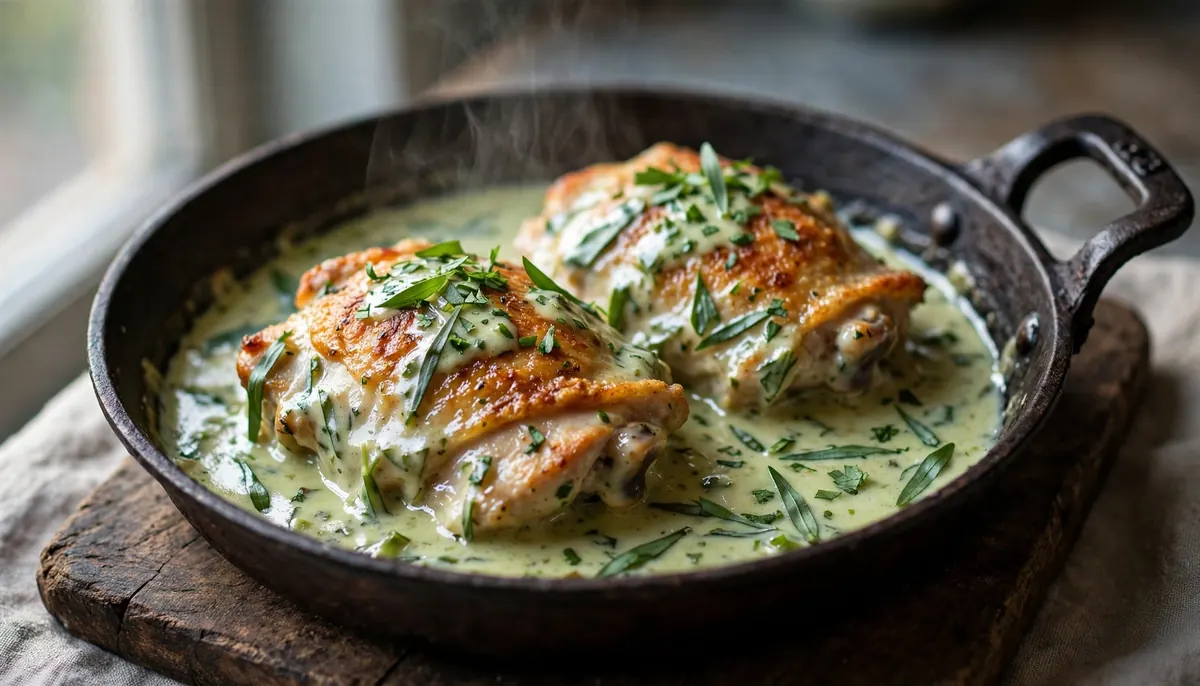 Creamy tarragon chicken in a jade-green sauce with fresh tarragon, in a frying pan