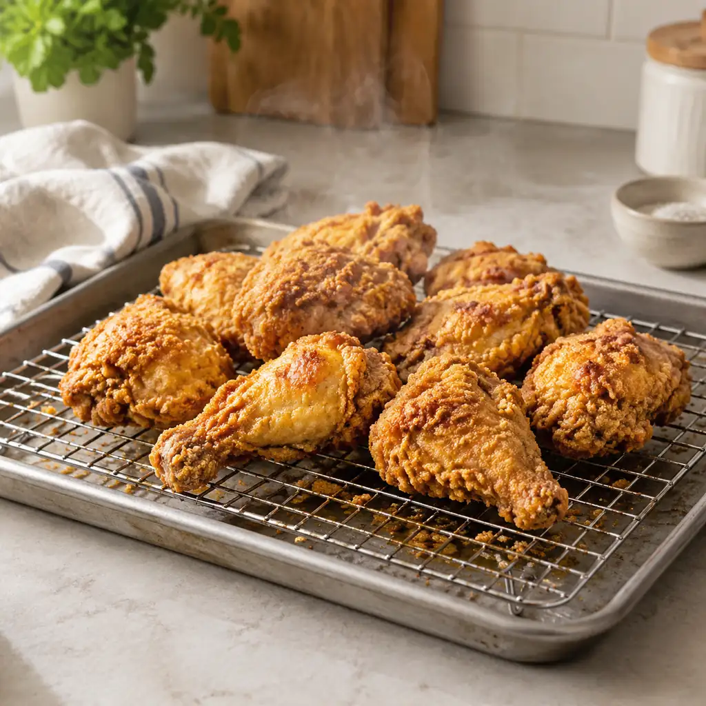 Golden fried chicken pieces resting on a wire cooling rack over a baking tray