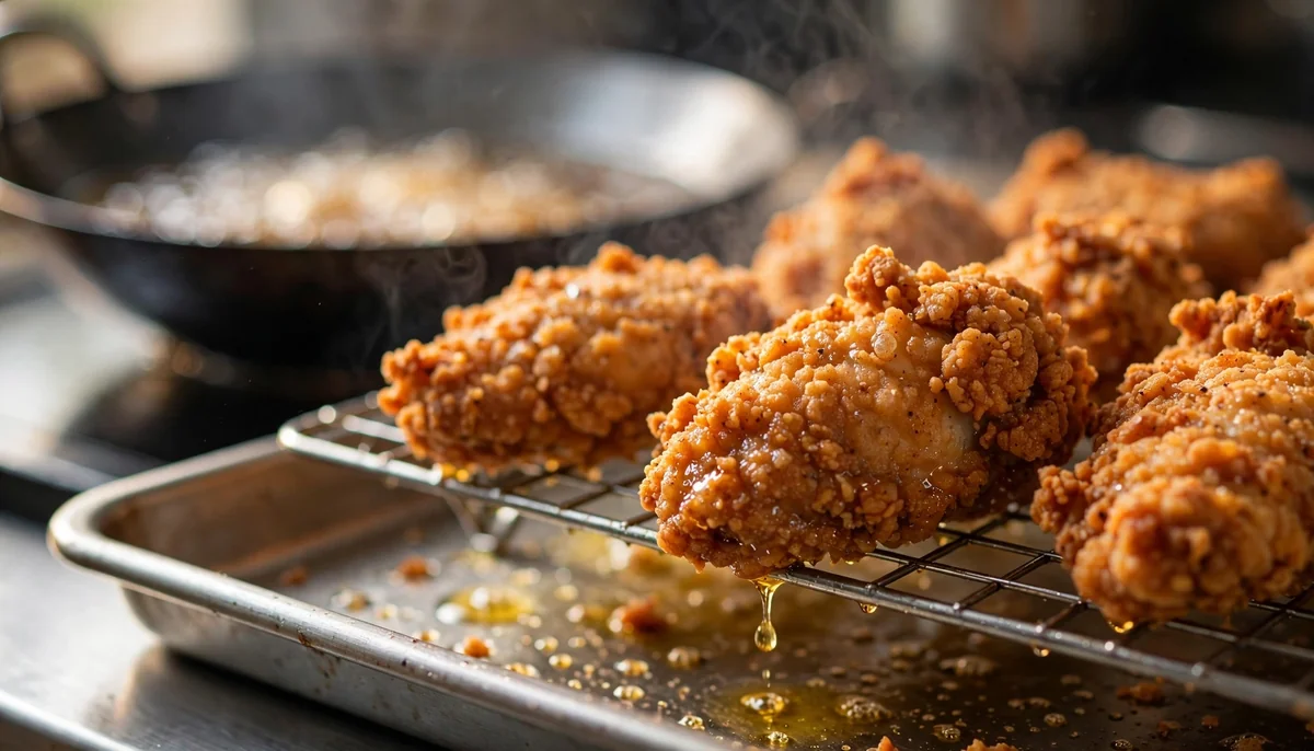 Crispy double-fried chilli chicken pieces draining on a wire rack