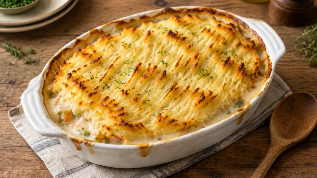 Baked fish pie with a golden, crisp-ridged mashed potato top