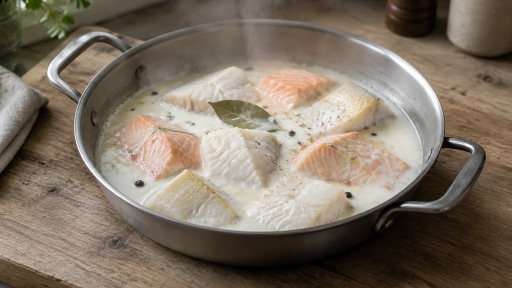 Cod, smoked haddock and salmon poaching in milk with a bay leaf