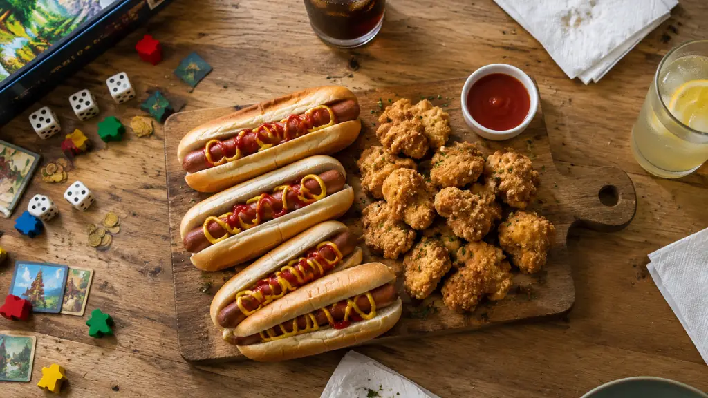 Game night spread of chicken bites and hot dogs with drinks and dice