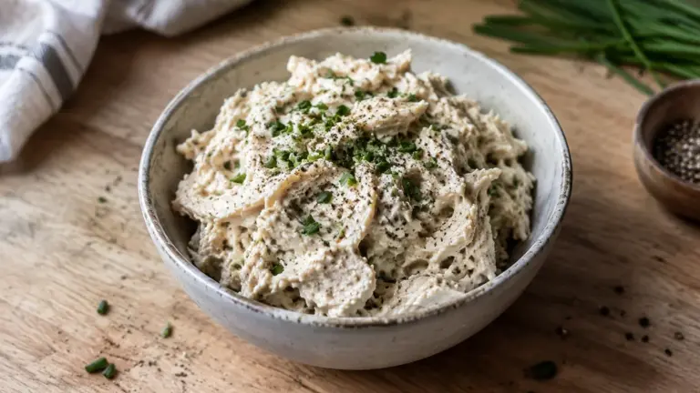 Creamy shredded chicken mayo with chives and black pepper in a ceramic bowl