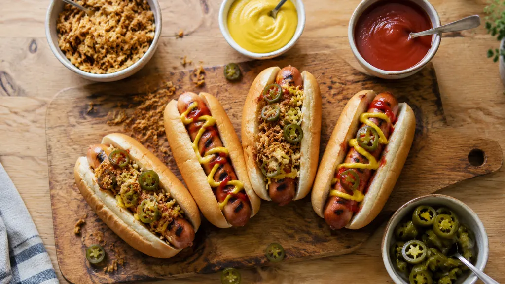 Grilled hot dogs with toppings bar for game night party