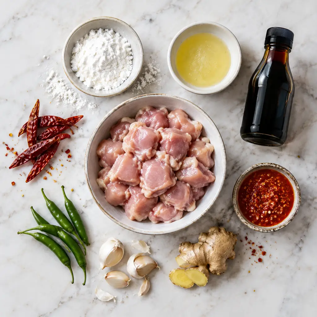 Raw chicken thigh, cornflour, chilli garlic sauce and aromatics laid out for chilli chicken
