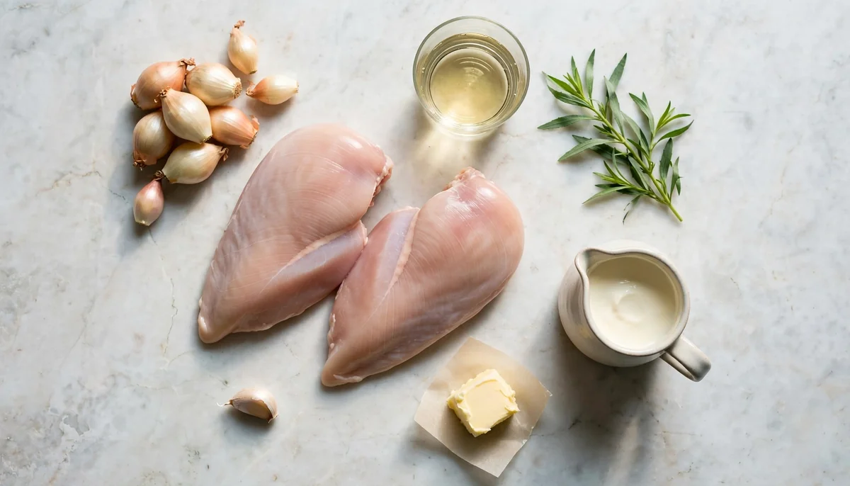 Flat lay of tarragon chicken ingredients: chicken, shallots, tarragon, wine and cream