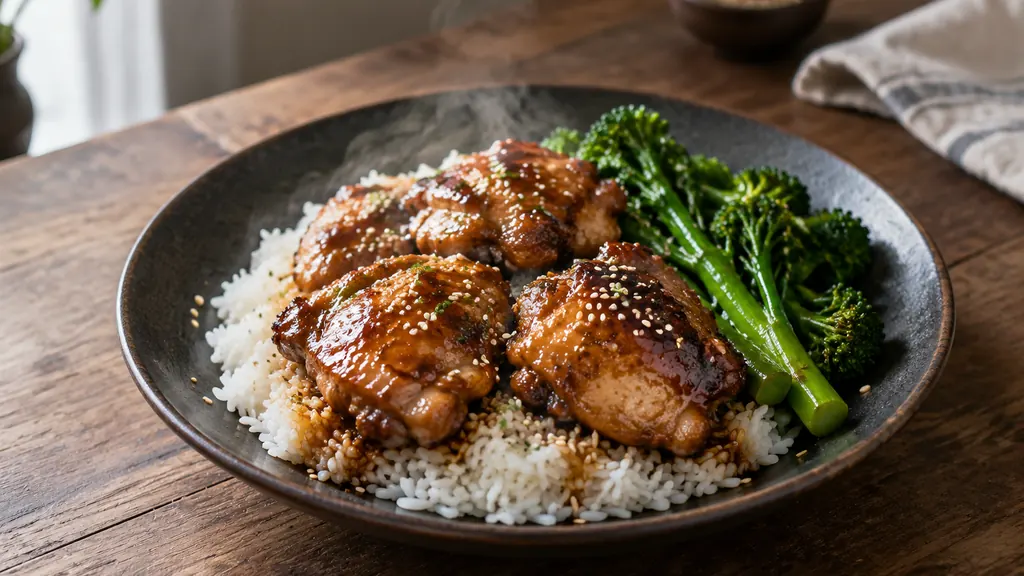 Honey soy chicken thighs served over jasmine rice with tenderstem broccoli
