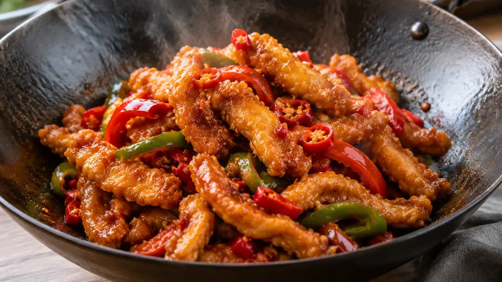Crispy honey chilli chicken tossed with peppers and red chillies in a wok