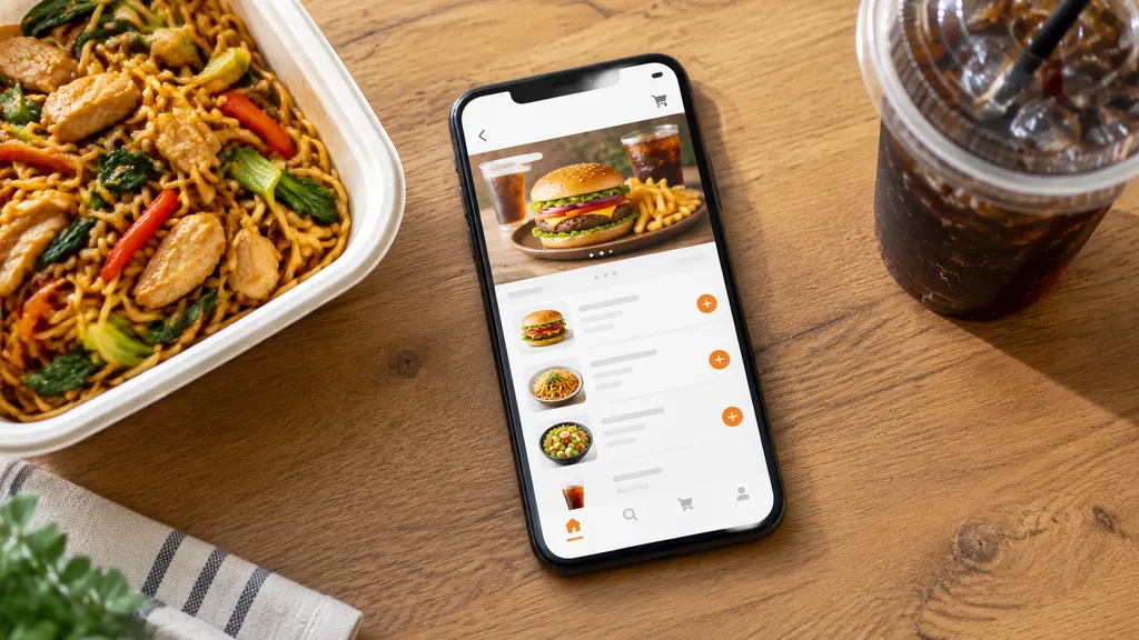 Smartphone with a food ordering app beside noodles and an iced drink