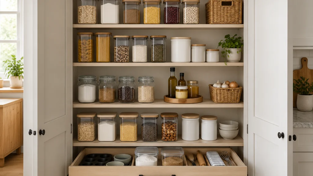 Tidy home pantry cupboard with adjustable shelves and clear containers