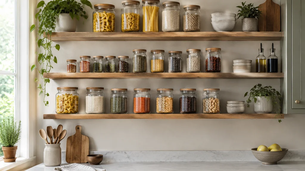 Open kitchen shelves holding pasta, rice and spices in glass jars