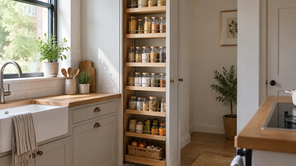 Slim pull-out pantry larder with jars and tins in a bright kitchen