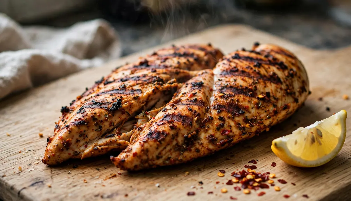 grilled peri-peri butterflied chicken breast with char marks and lemon wedge