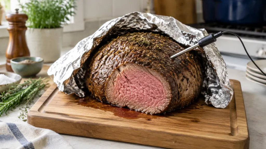 Medium roast beef resting under loose foil with a thermometer probe