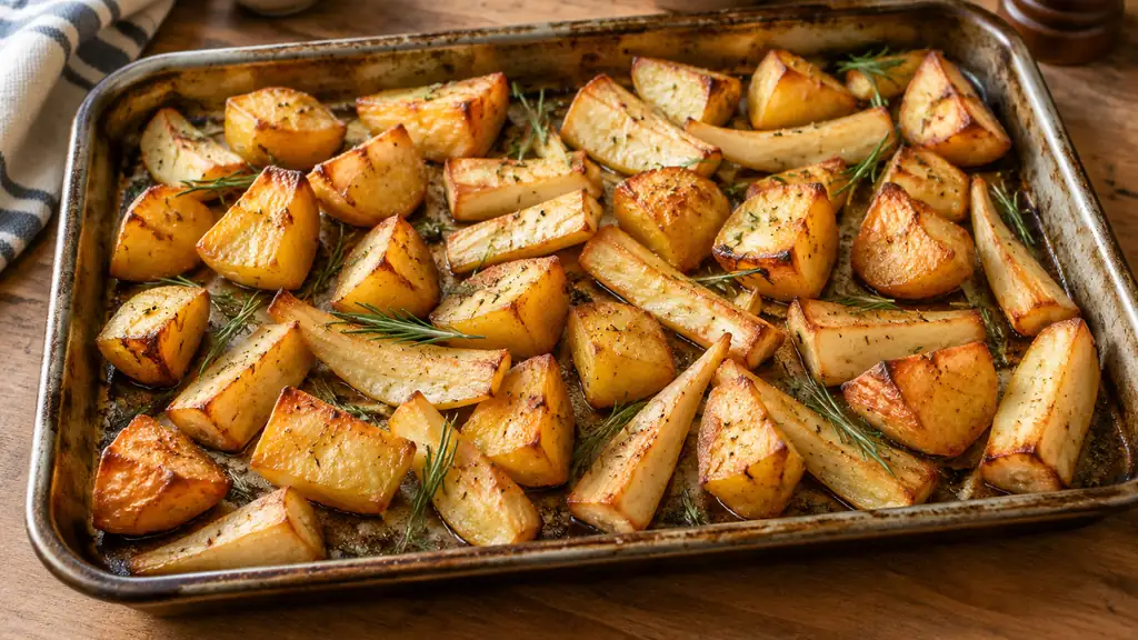 Golden roast potatoes and parsnips in a single layer on a roasting tray