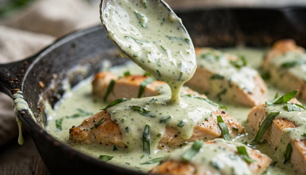 Creamy tarragon chicken sauce being spooned over the chicken in the pan