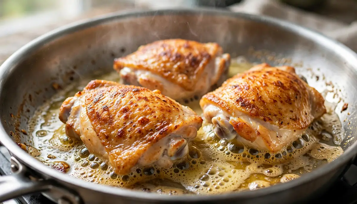 Tarragon chicken searing golden-brown in a hot pan with butter
