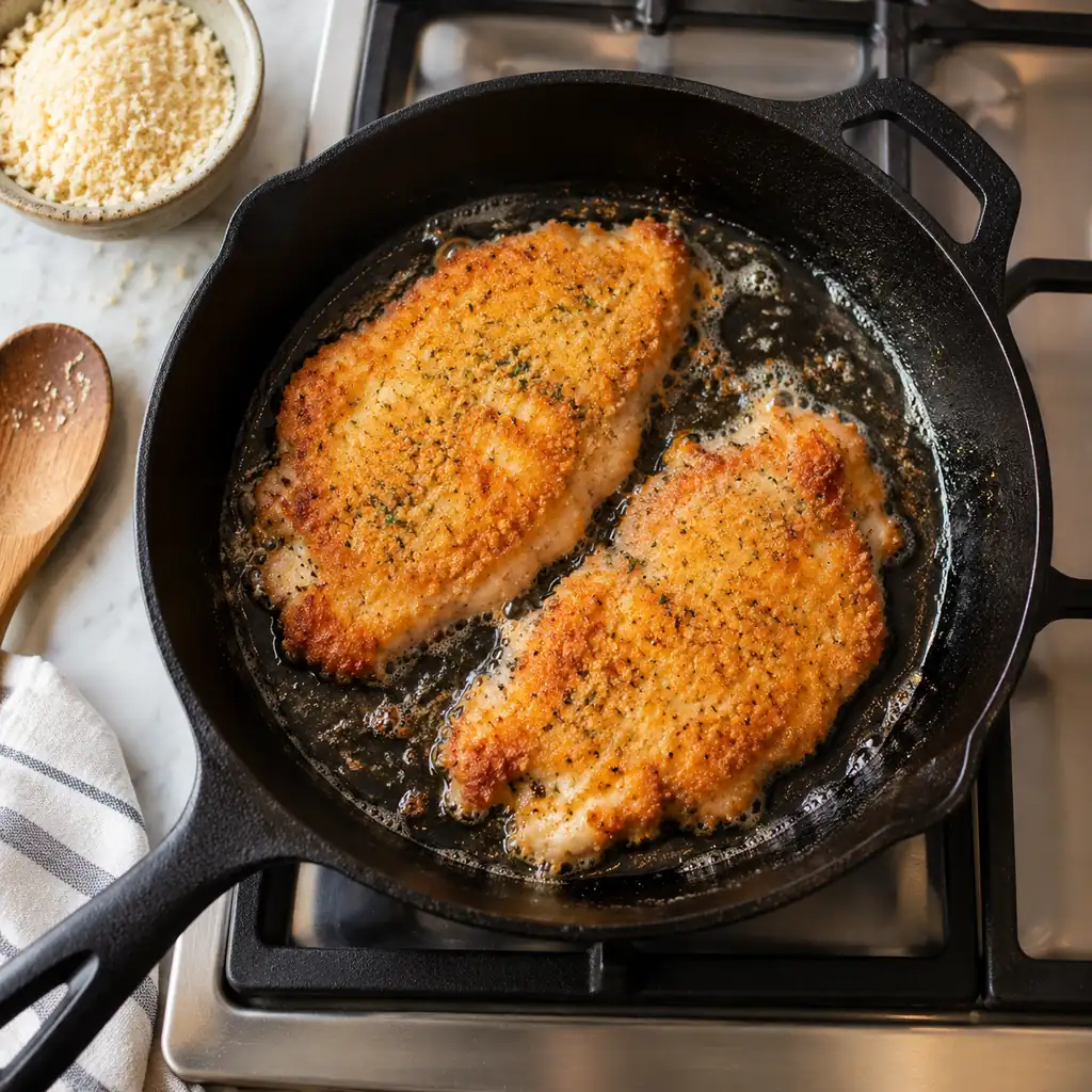 Breaded chicken cutlets shallow frying in a thin layer of oil