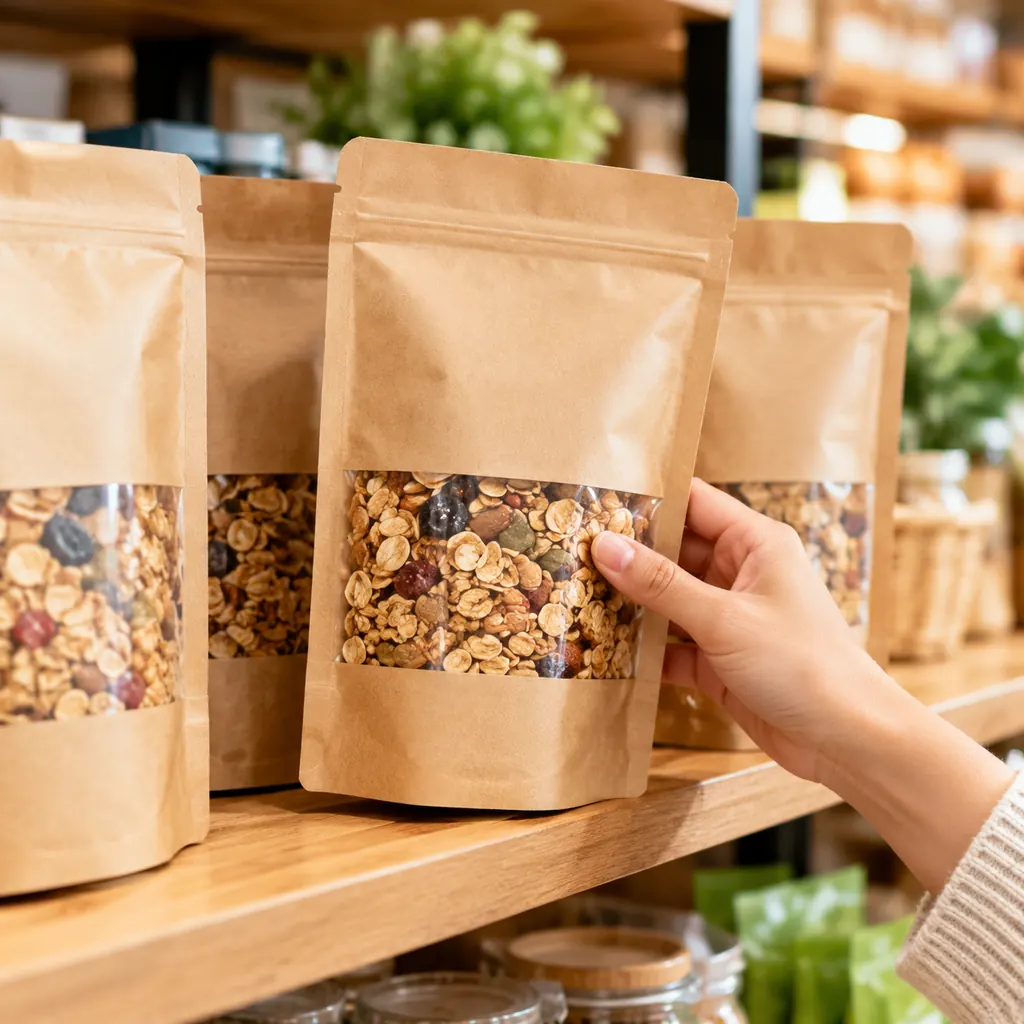 A hand placing a kraft paper pouch of granola on a retail shelf