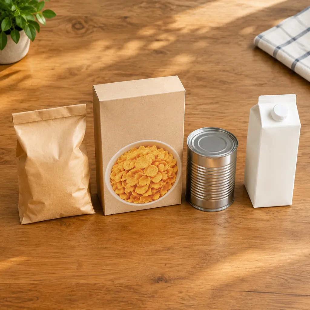 A paper bag, cereal box, metal can and carton lined up on a wooden table