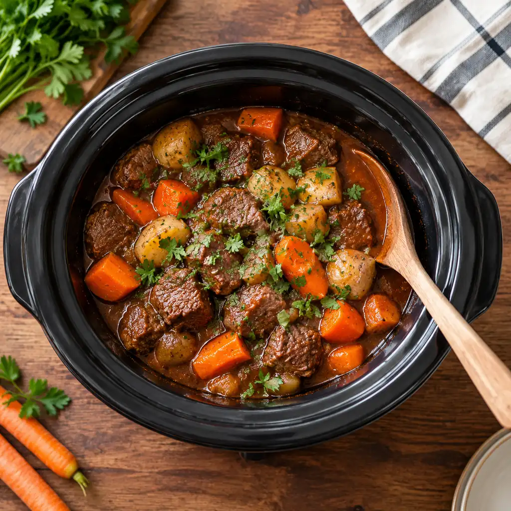 Finished beef stew in a black slow cooker with parsley
