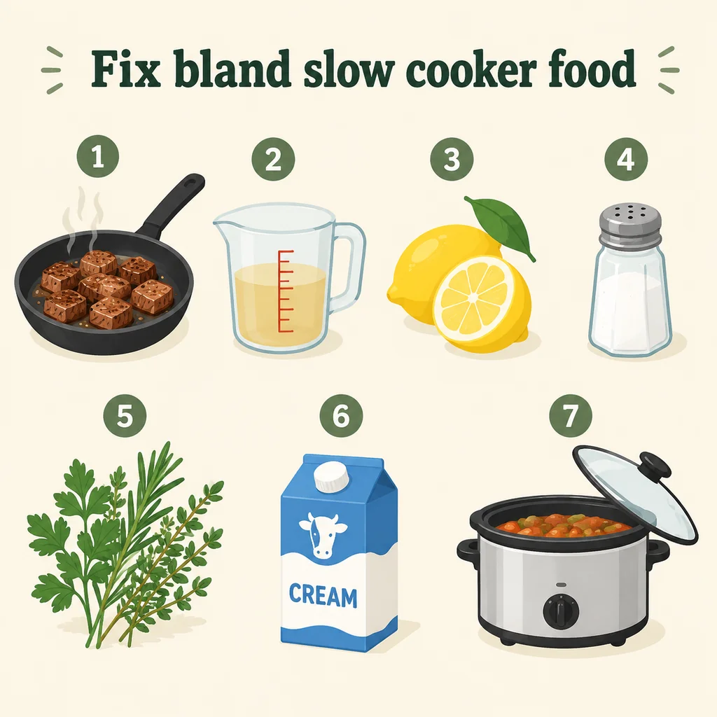 Infographic of seven fixes for bland slow cooker food