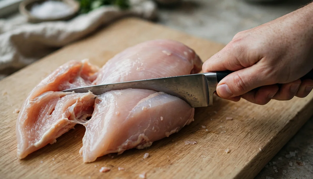hand slicing horizontally through a raw chicken breast with a chef's knife to butterfly it