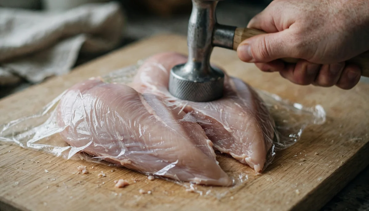 butterflied chicken breast under cling film being pounded flat with a meat mallet