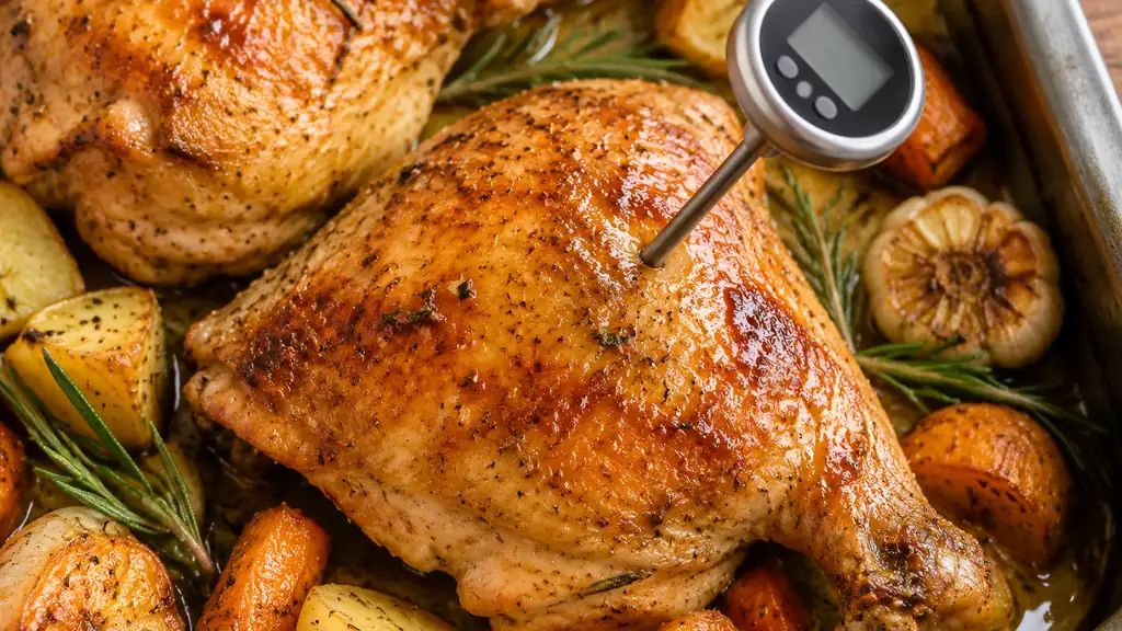 meat thermometer inserted into roast chicken thigh to check temperature